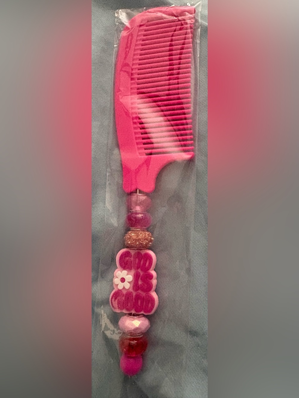 Pink Decorative Hair Pick Comb with Beaded Handle